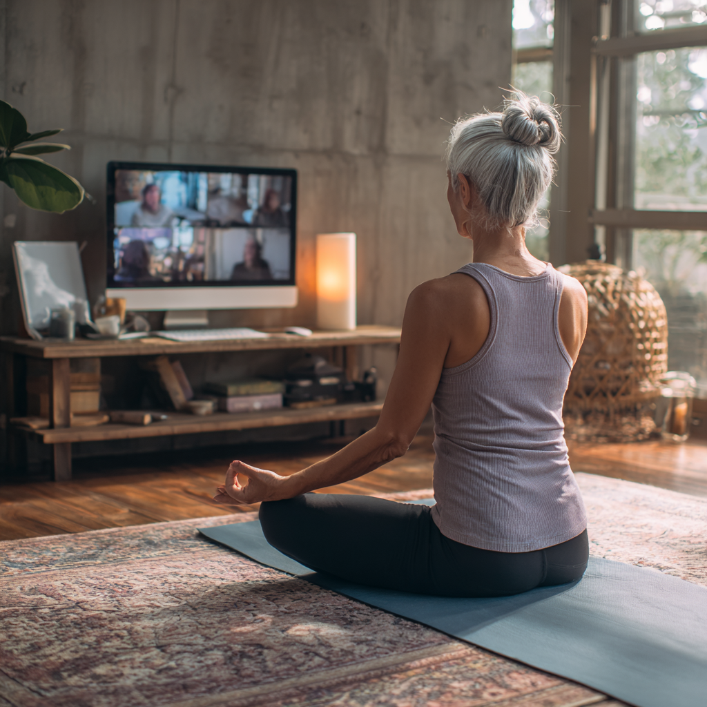 Жінка віком 54 років практикує йогу вдома перед комп'ютером, беручи участь в онлайн-занятті