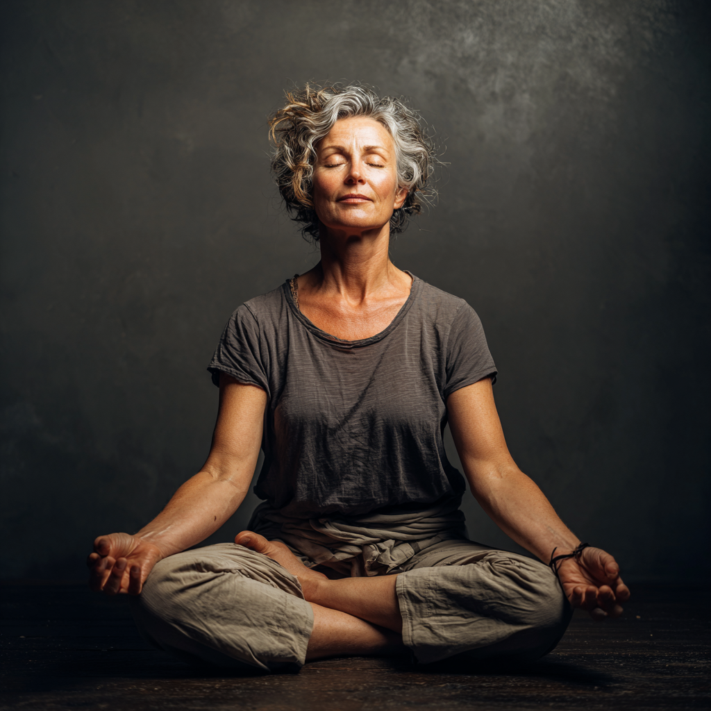 Жінка віком 55 років виконує асану йоги у спокійному стані, демонструючи гармонію та внутрішній спокій