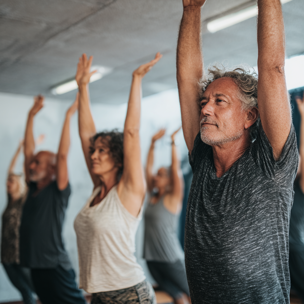 Група людей віком 52-60 років на пробному занятті йоги, виконують прості асани під керівництвом інструктора